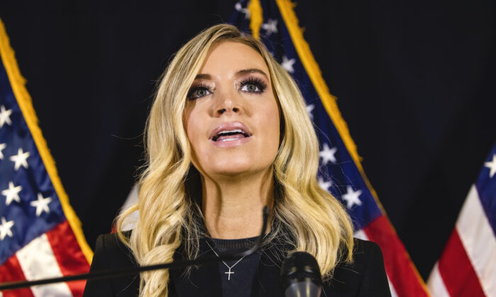 White House press secretary Kayleigh McEnany speaks during a press conference at the Republican National Committee headquarters in Washington on Nov. 9, 2020. (Samuel Corum/Getty Images)
