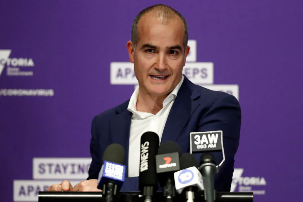 Acting Premier James Merlino speaks to the media during a press conference in Melbourne, Australia, on Aug. 2, 2020. (Darrian Traynor/Getty Images)