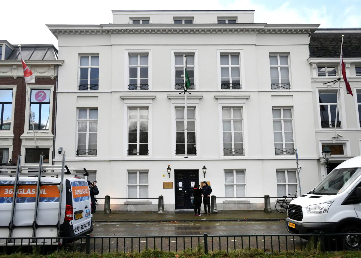 The exterior of the Embassy of Saudi Arabia is pictured after unidentified assailants sprayed it with gunfire, in The Hague, Netherlands Nov. 12, 2020. (Piroschka van de Wouw/Reuters)