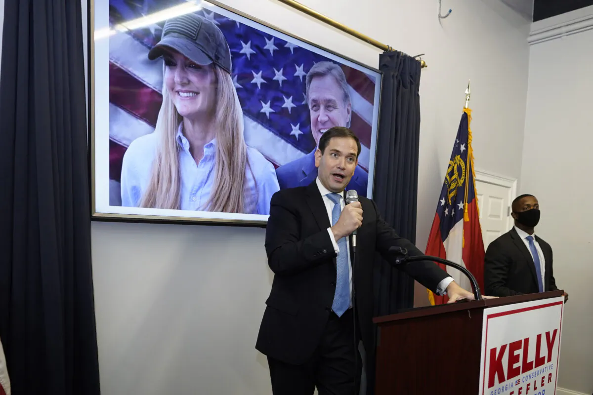 Sen. Marco Rubio (R-Fla.) speaks during a campaign rally for Georgia Republican candidate for Senate Sen. Kelly Loeffler (R-Ga.), in Marietta, Ga., on Nov. 11, 2020. (John Bazemore/AP Photo)