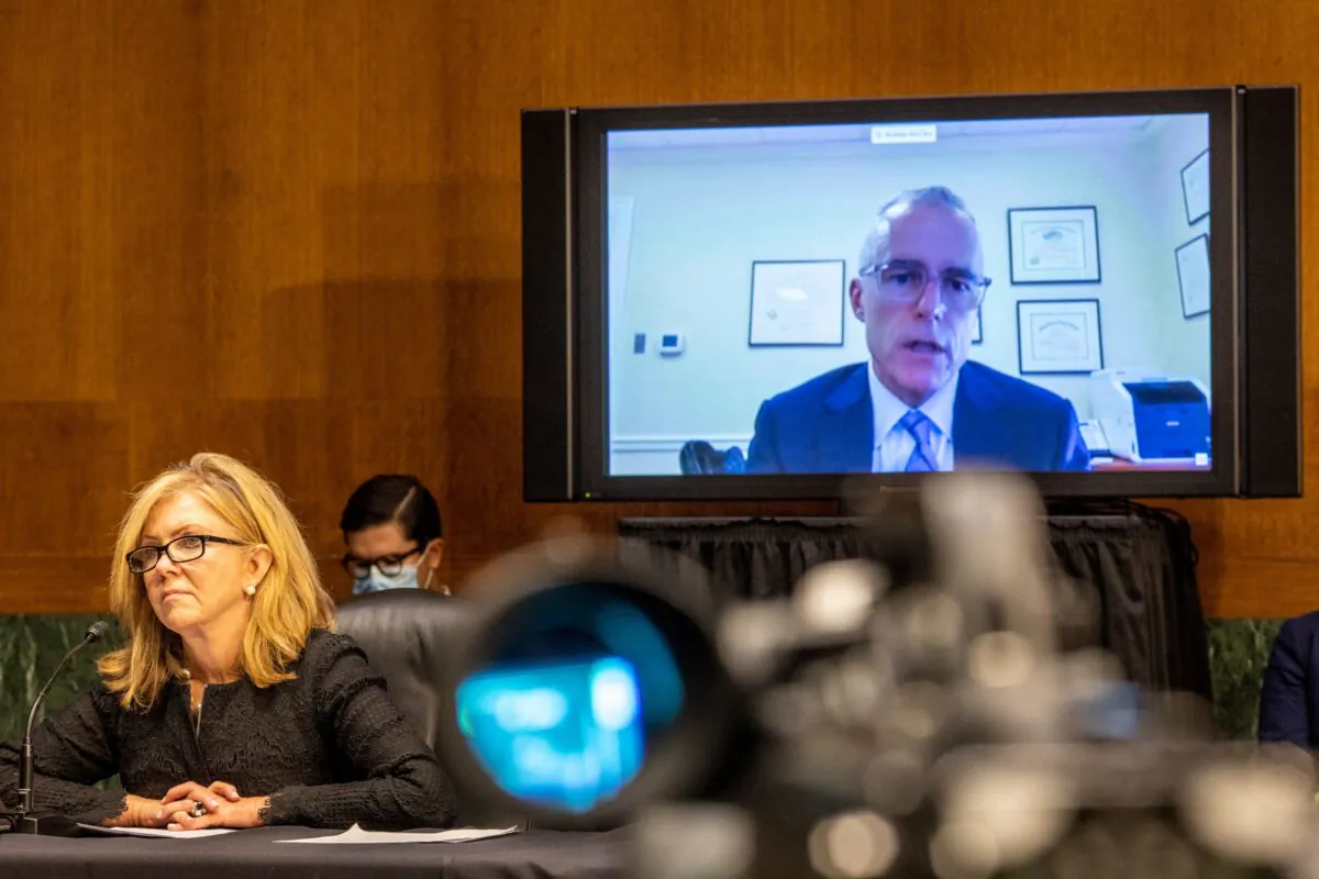 Sen. Marsha Blackburn, (R-Tenn.) questions former FBI deputy director Andrew McCabe (on screen) during a hearing on a probe of the FBI's Russia investigation on Capitol Hill in Washington on Nov. 10, 2020. (Jason Andrew/POOL/AFP via Getty Images)