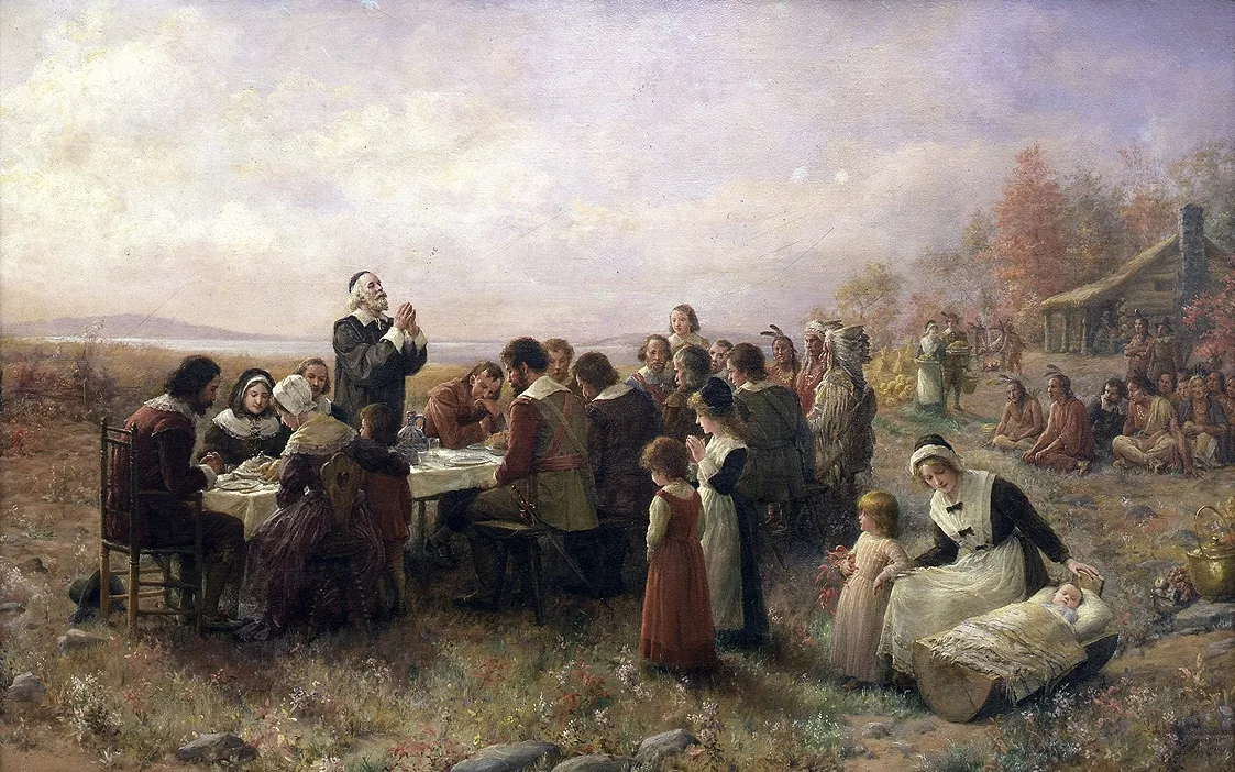 “The First Thanksgiving at Plymouth,” 1914, by Jennie Augusta Brownscombe. Pilgrim Hall Museum, Plymouth, Massachusetts. (Public Domain)