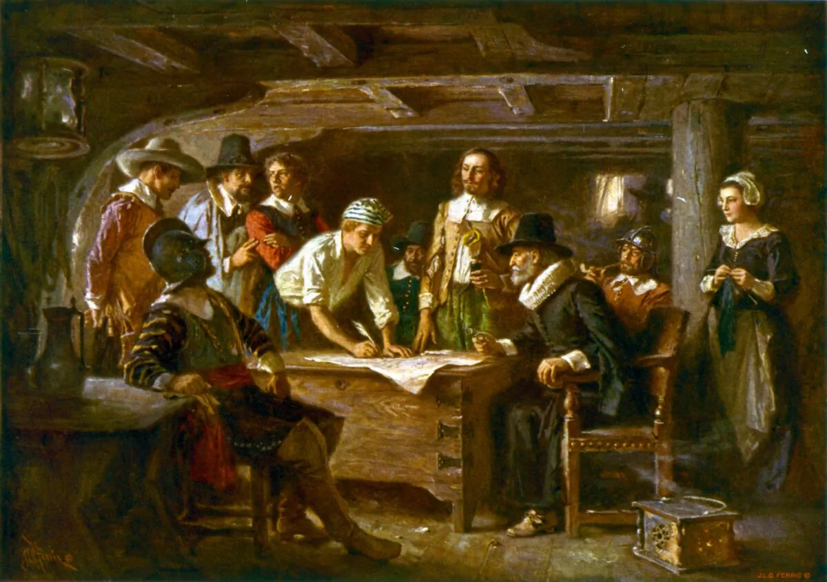 “Signing the Mayflower Compact 1620,” 1899, by Jean Leon Gerome Ferris. (Public Domain)