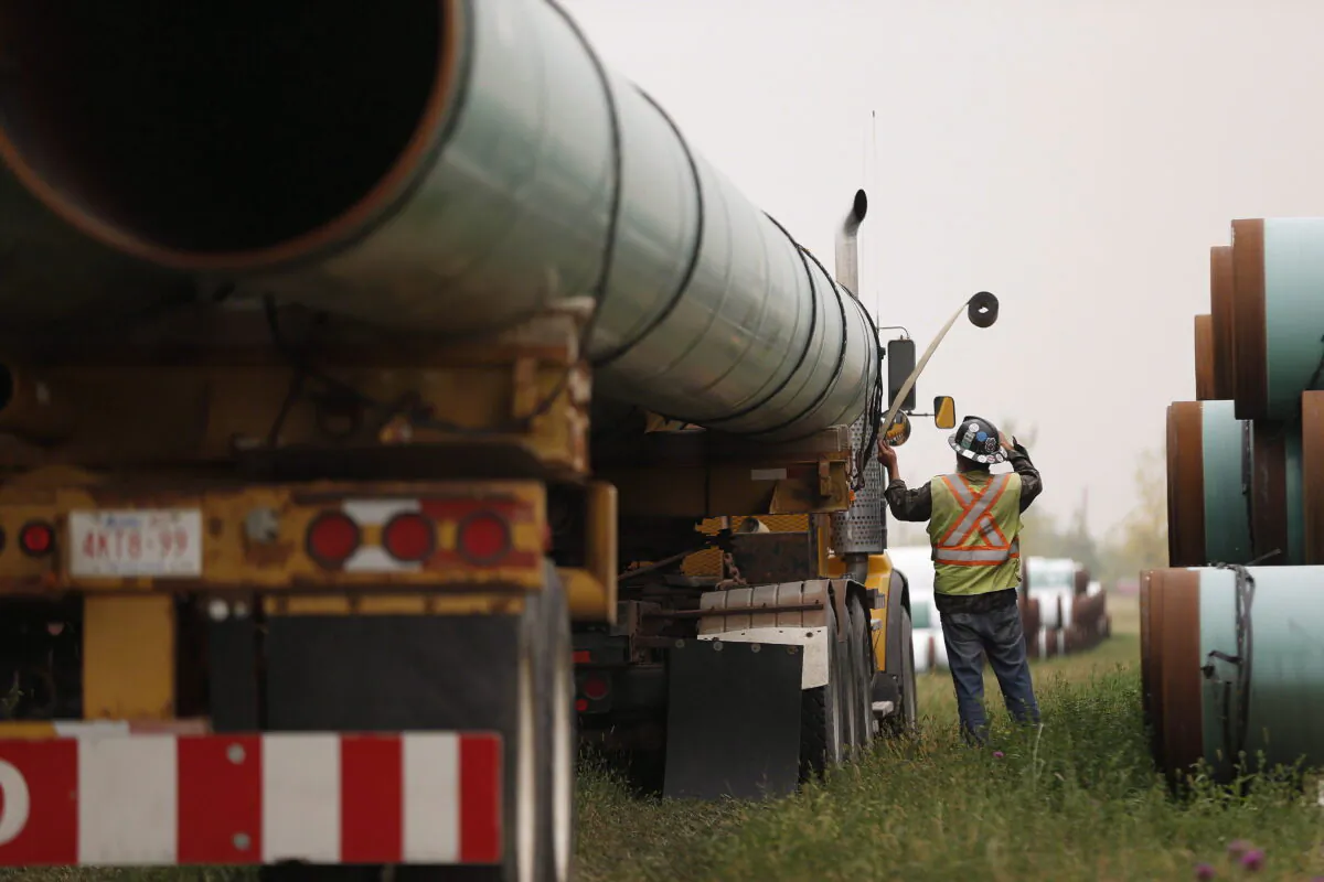 A press conference and tour of Enbridge's Line 3 site for federal, provincial, municipal and indigenous leaders was held at the site. Derek Johnson, Supervisor/operator for Enbridge loads pipe at a storage facility just west of Morden, Man., on Aug. 16, 2018. (John Woods/The Canadian Press)