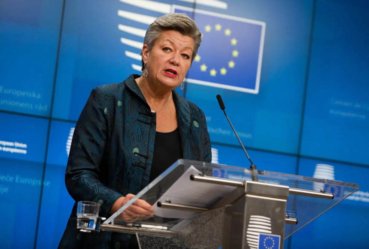 European Commissioner for Home Affairs Ylva Johansson speaks during a media conference after a meeting of EU interior ministers at the European Council building in Brussels, on Nov. 13, 2020. (Virginia Mayo /Pool/AP Photo)