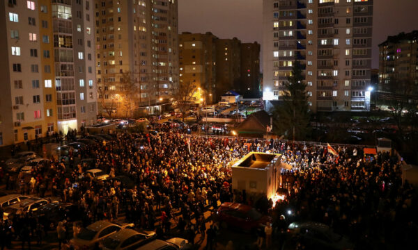 People gather to mourn the death of anti-government protester Roman Bondarenko