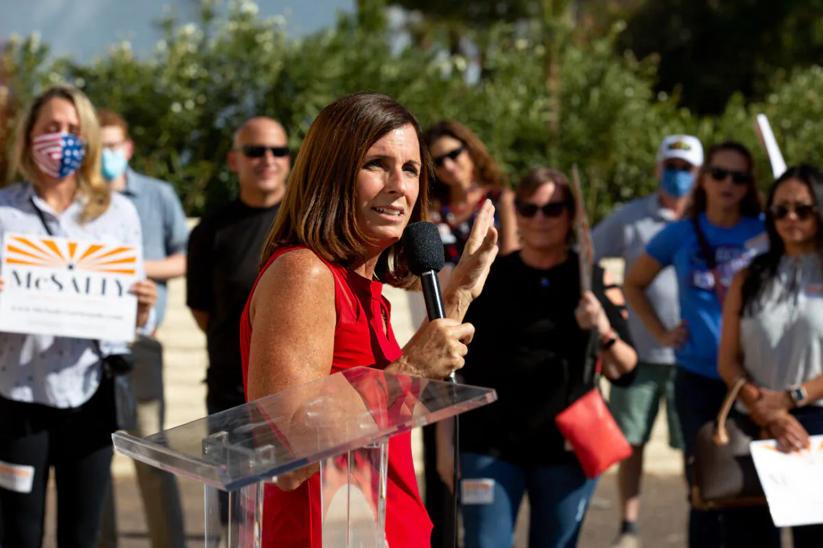 Sen. Martha McSally (R-Ariz) speaks to supporters at the AZGOP Headquarters in Phoenix, Arizona, on Nov. 2, 2020. (Courtney Pedroza/Getty Images)