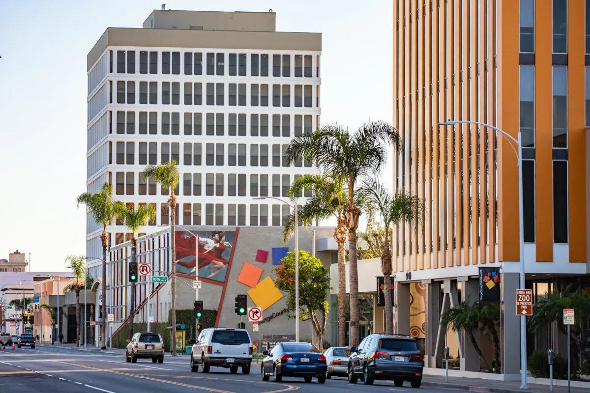 The 888 Tower office building, which will be turned into a residential complex, is seen from Main Street in downtown Santa Ana, Calif., on Nov. 13, 2020. (John Fredricks/The Epoch Times)