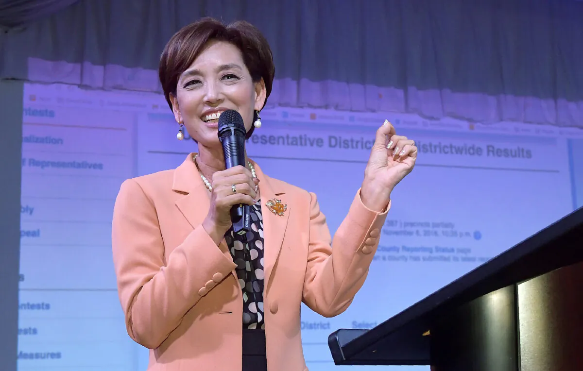 Young Kim, then a Republican candidate for the 39th Congressional District in California, speaks to supporters in the Rowland Heights section of Los Angeles on Nov. 6, 2018. (Mark J. Terrill, File/AP Photo)