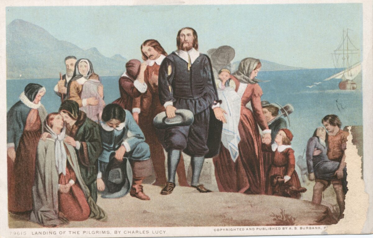 The journey was harrowing, but so was every challenge the Puritans were to meet in the New World. “Landing of the Pilgrims,” circa 1898, by Charles Lucy. New York Public Library’s Digital Library. (Public Domain)