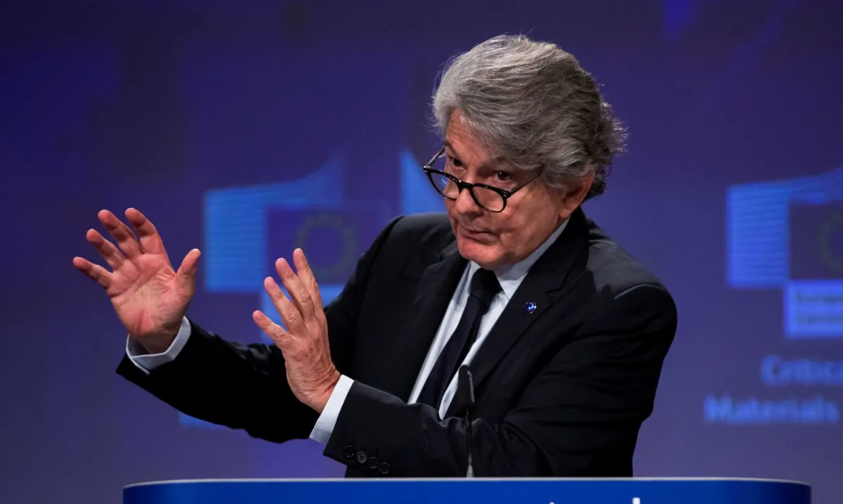 EU Internal Market Commissioner Thierry Breton talks to journalists during an online news conference at the EU headquarters in Brussels, Belgium, on Sept. 3, 2020. (Francisco Seco/Pool via Reuters)