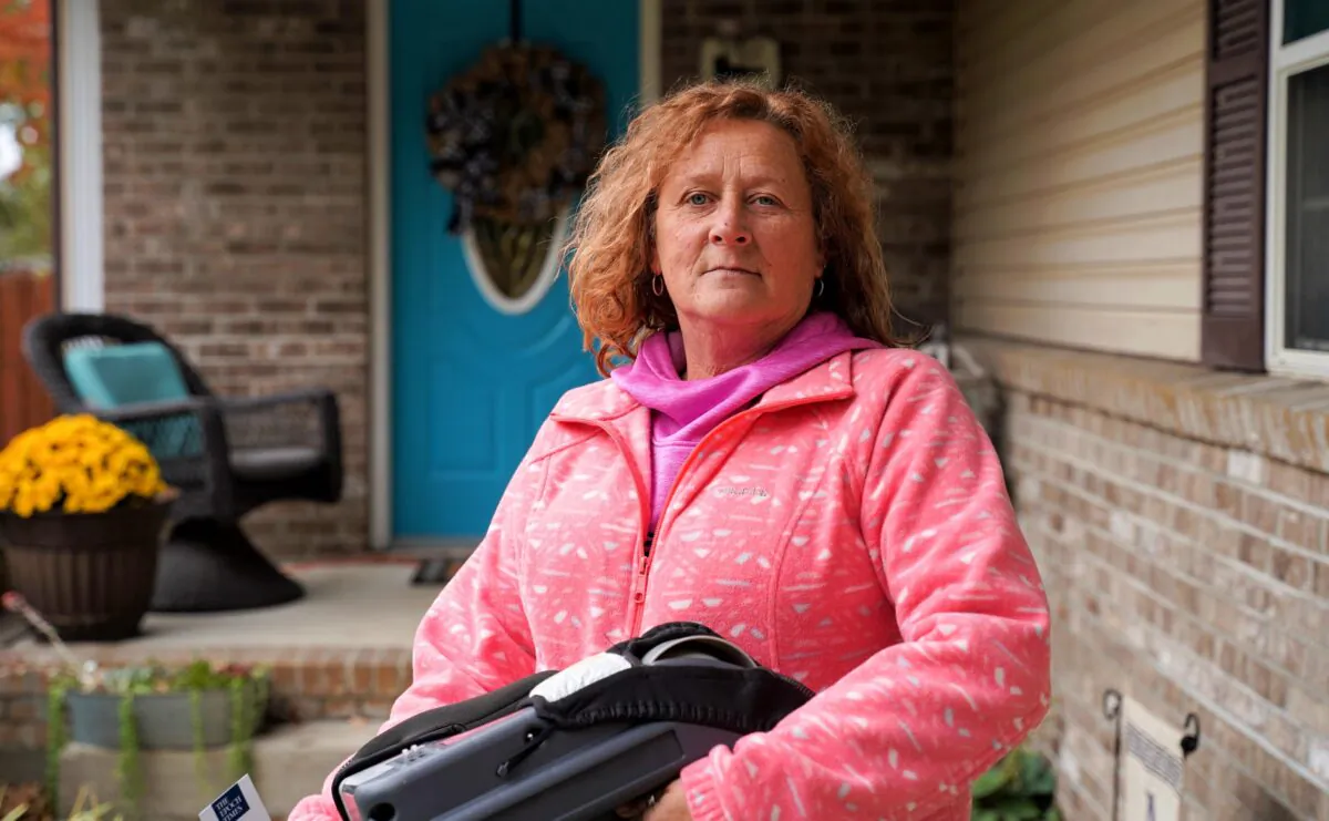 Teresa Shepherd, resident of the Indiana bellwether county of Vigo, in front of her daughter’s house in Seelyville, Ind., on Oct. 20, 2020. She said she almost never votes, but this year decided to vote for President Donald Trump. (Cara Ding/The Epoch Times)