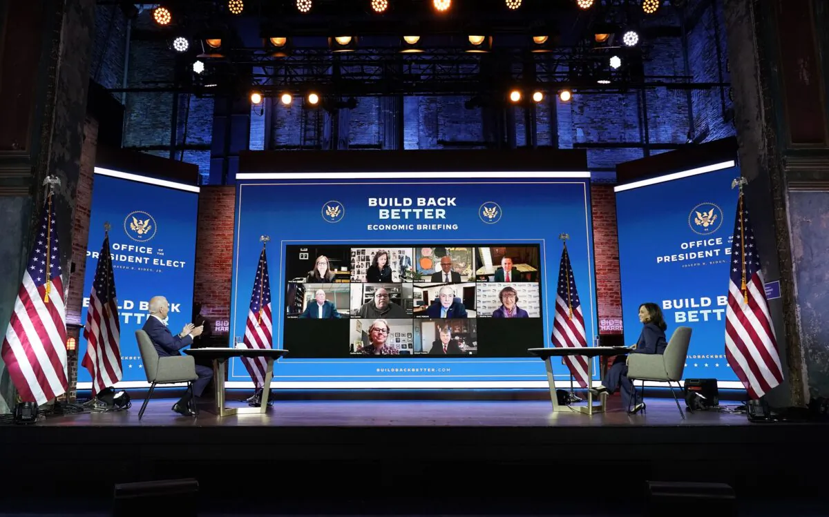 Then-Democratic presidential nominee Joe Biden and vice presidential candidate Sen. Kamala Harris (D-Calif.) attend a briefing with economic advisers in Wilmington, Del., on Nov. 16, 2020. (Andrew Harnik/AP Photo)