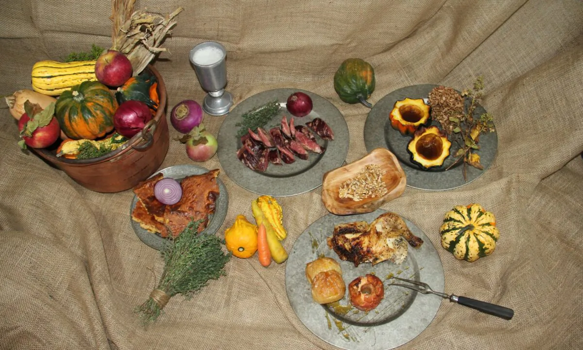A modern re-creation of the first feast, including venison, roasted acorn squash, and wild turkey with apples. (Kate Korol)