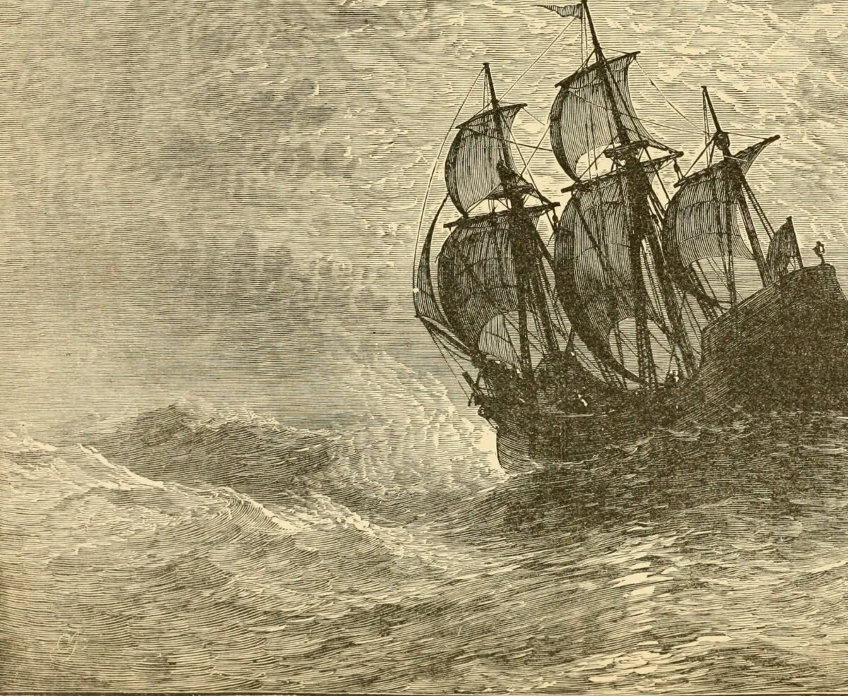 The Mayflower at sea, an Illustration from “United States; a history: the most complete and most popular history of the United States of America from the aboriginal times to the present day,” circa 1893. (Public Domain)