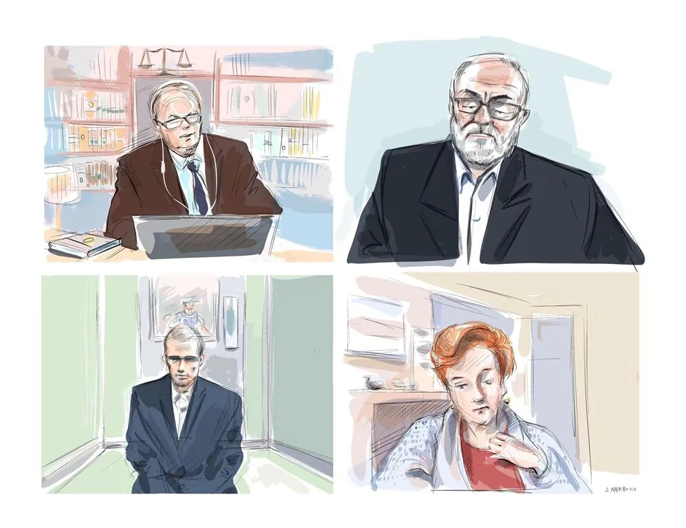 Clockwise from top left: Defence lawyer Boris Bytensky, Vahe Minassian, Justice Anne Malloy and defendant Alek Minassian are seen in a courtroom sketch, on Nov. 16, 2020.
(Alexandra Newbould/The Canadian Press)
