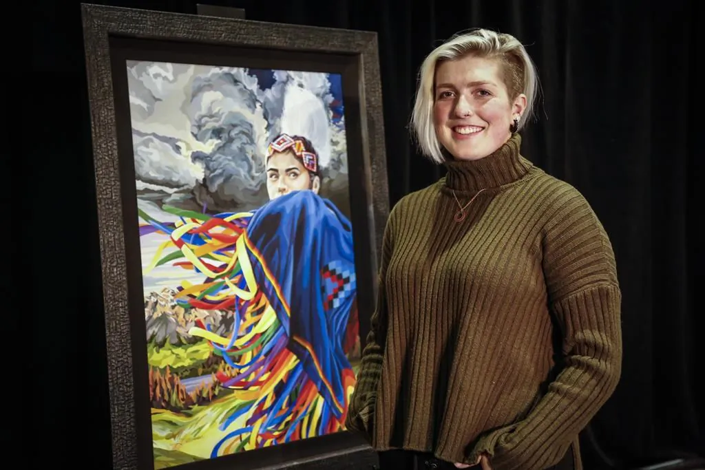 The Calgary Stampede unveiled the 2021 Stampede Poster and the winning artist, Lexi Hilderman, 22, of the Calgary Stampede youth poster competition in Calgary, Nov. 17, 2020. (THE CANADIAN PRESS/Jeff McIntosh)