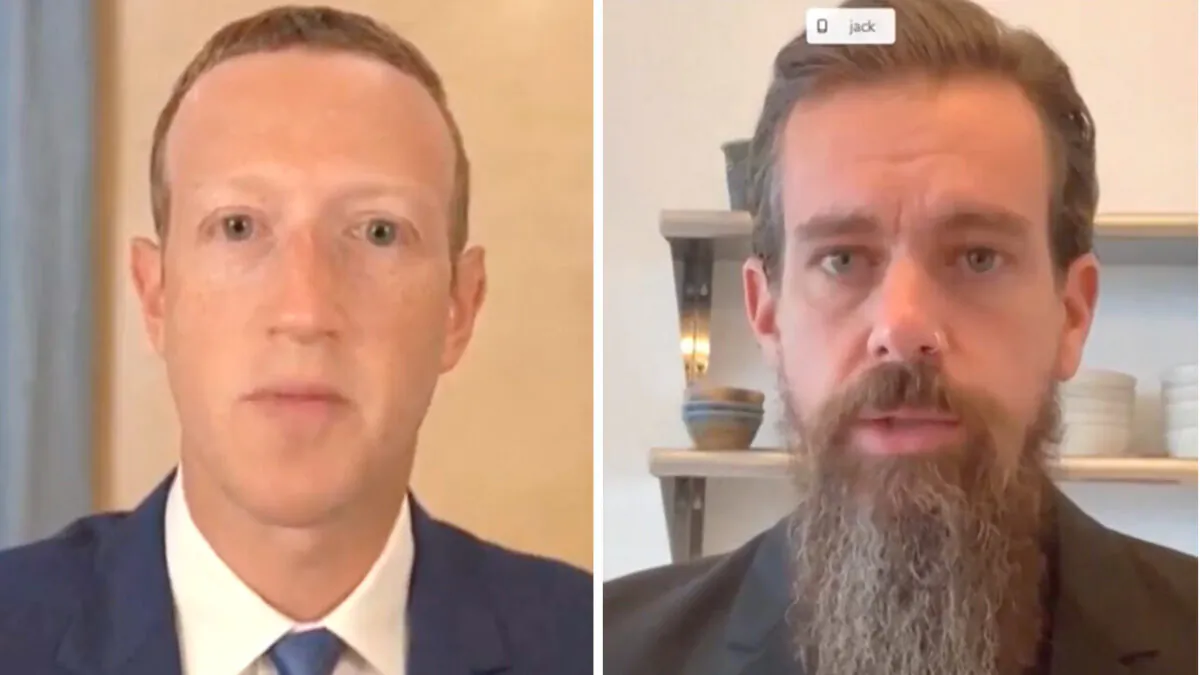 Facebook CEO Mark Zuckerberg (L) and Twitter CEO Jack Dorsey (R) testify before the Senate Judiciary Committee in Washington on Nov. 17, 2020. (Screenshot via Pool)
