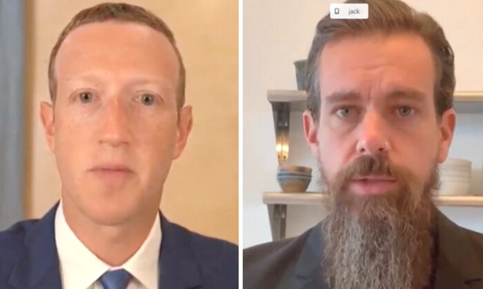 Facebook CEO Mark Zuckerberg (L) and Twitter CEO Jack Dorsey (R) testify before the Senate Judiciary Committee in Washington on Nov. 17, 2020. (Screenshot via Pool)