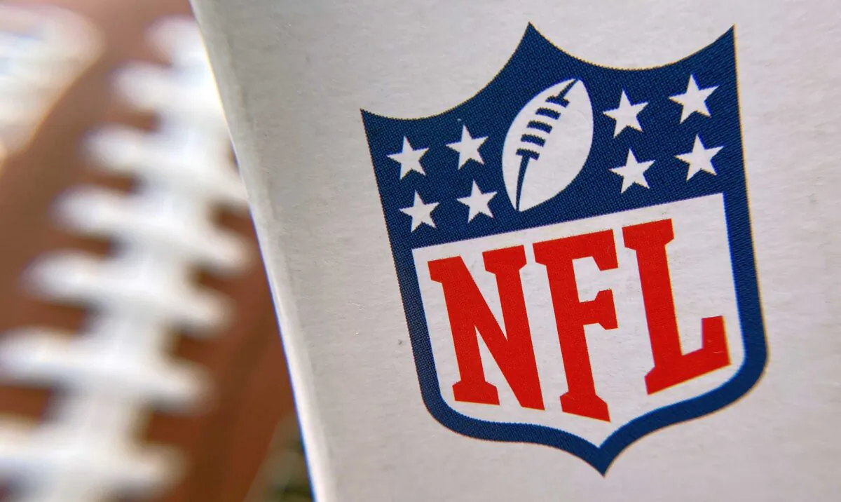 The NFL logo is seen on a football packaging in Los Angeles, Calif., on Aug. 24, 2020. (Chris Delmas/AFP via Getty Images)