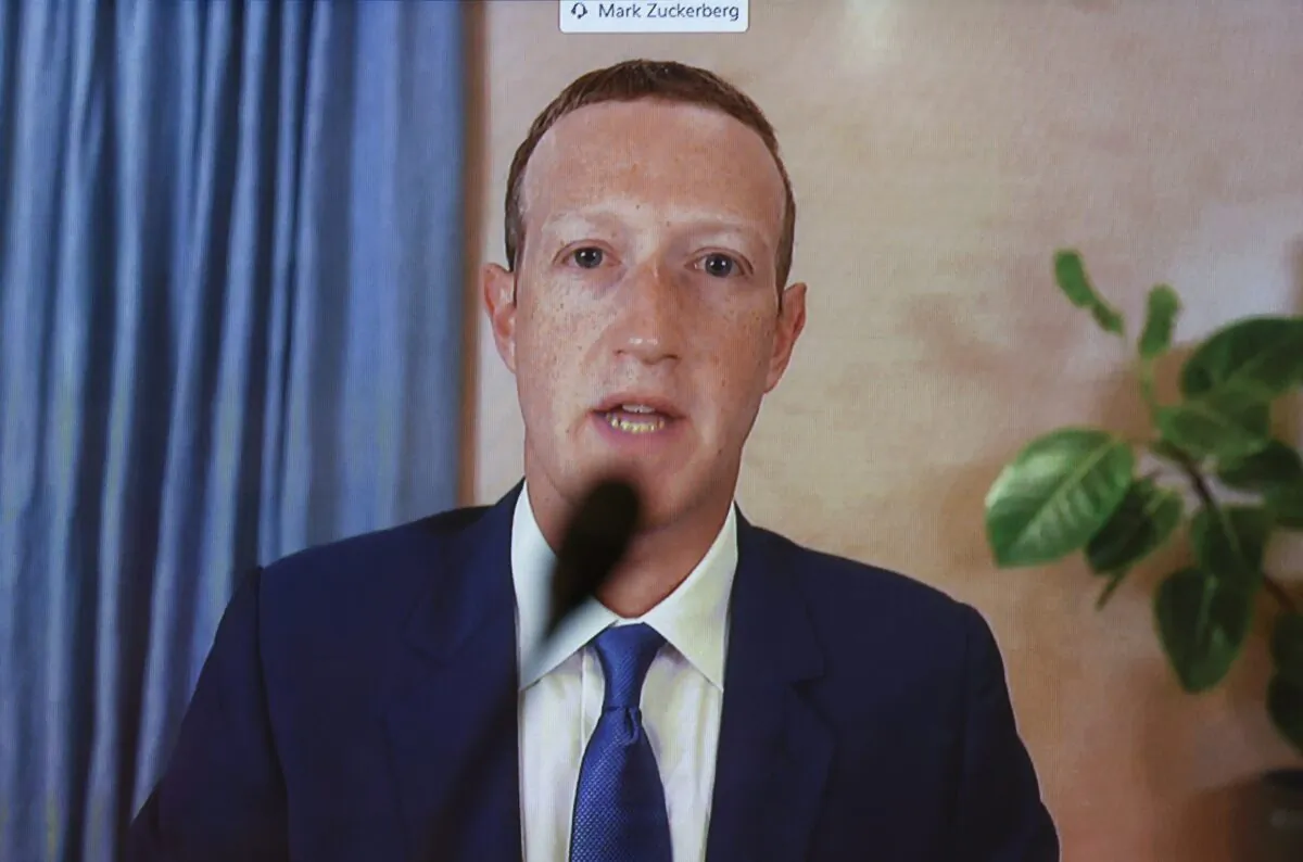 Facebook CEO Mark Zuckerberg testifies remotely during a Senate Judiciary Committee hearing in Washington on Nov. 17, 2020. (Hannah McKay/Pool via AP)