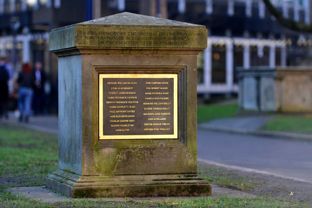 A memorial to the victims of the Birmingham Bombing is seen in St. Philip's Cathedral square on Feb. 25, 2019 in Birmingham, England. (Anthony Devlin/Getty Images)