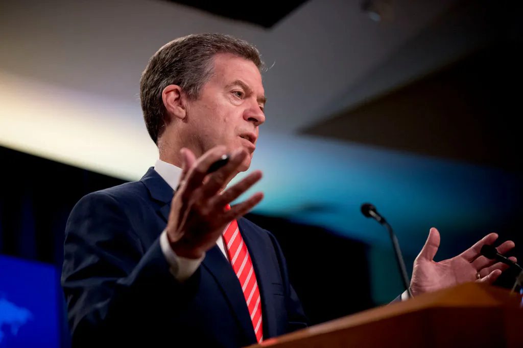 Sam Brownback, then-United States Ambassador-at-Large for International Religious Freedom, speaks during a news conference at the State Department in Washington on June 10, 2020. (Andrew Harnik/POOL/AFP via Getty Images)