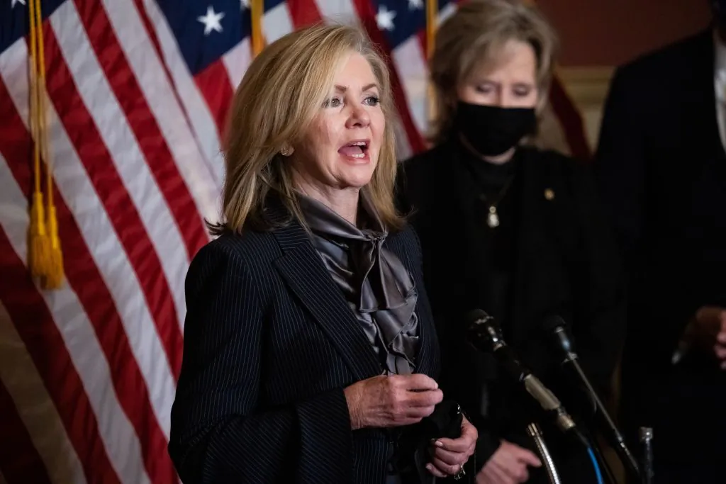 Senator Marsha Blackburn (R-Tenn.) speaks during a press conference on Capitol Hill, on Oct. 26, 2020. (Graeme Jennings/POOL/AFP via Getty Images)