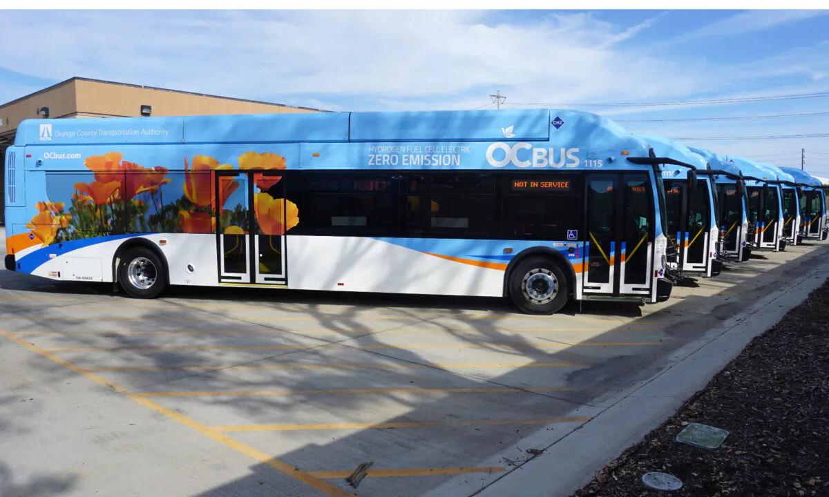 A new fleet of zero-emission buses awaits introduction in Orange County, Calif. (Courtesy of the Orange County Transportation Authority)