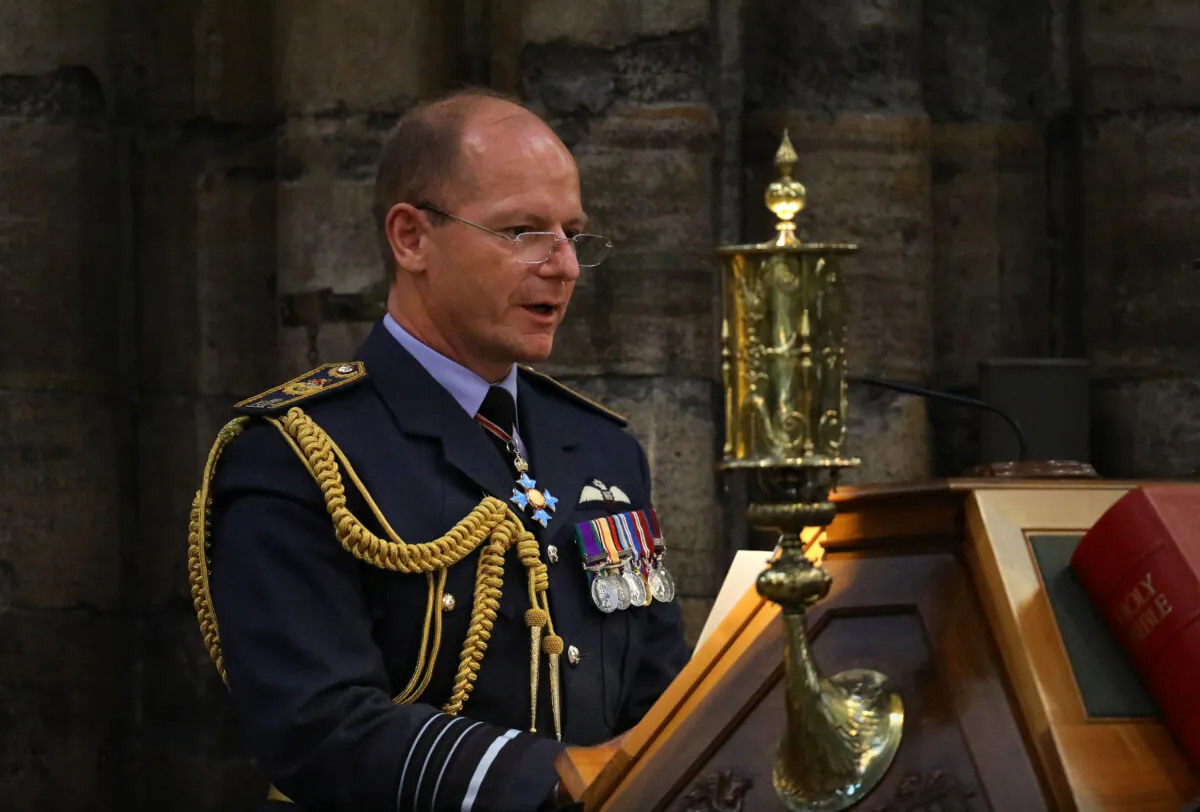 Air Chief Marshal Mike Wigston speaks during a service marking the 80th anniversary of the Battle of Britain at Westminster Abbey in central London on Sept. 20, 2020. (Aaron Chown/Pool/AFP)