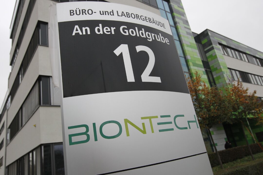The logo of German company BioNTech at the company's headquarters in Mainz, Germany, on Nov. 12, 2020. (Daniel Roland/AFP via Getty Images)