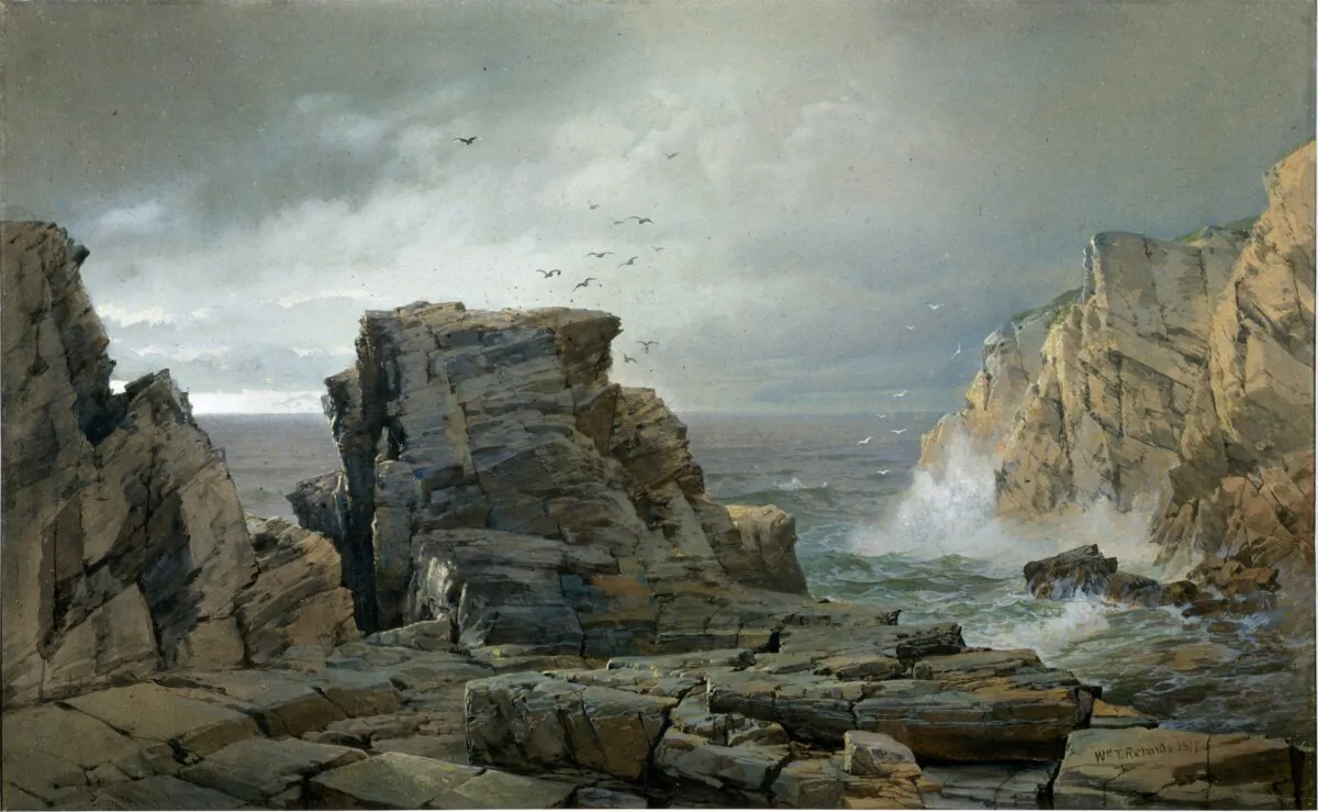 “A Rocky Coast,” 1877, by William Trost Richards. Watercolor and gouache on fibrous brown wove paper; 28 1/8 inches by 36 1/4 inches. The Metropolitan Museum of Art, New York City. (Public Domain)