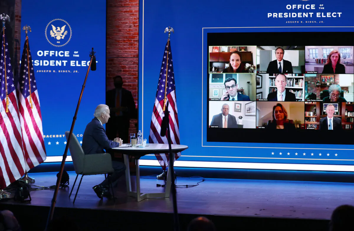 Democratic presidential contender Joe Biden receives a briefing in a virtual meeting at the Queen Theater in Wilmington, Delaware, on Nov. 17, 2020. (Joe Raedle/Getty Images)