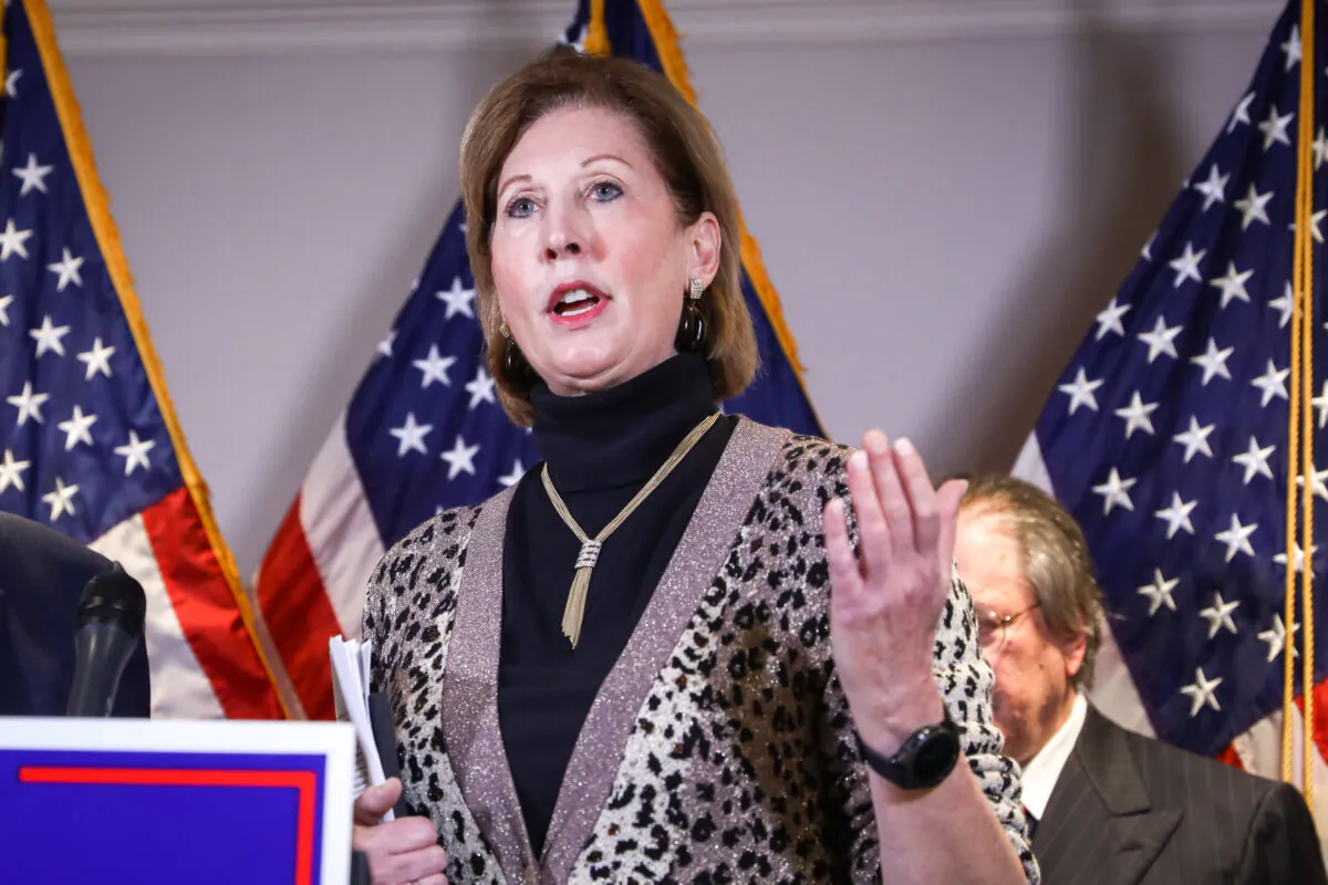 Sidney Powell speaks at a press conference at the Republican National Committee headquarters in Washington on Nov 19, 2020. (Charlotte Cuthbertson/The Epoch Times)