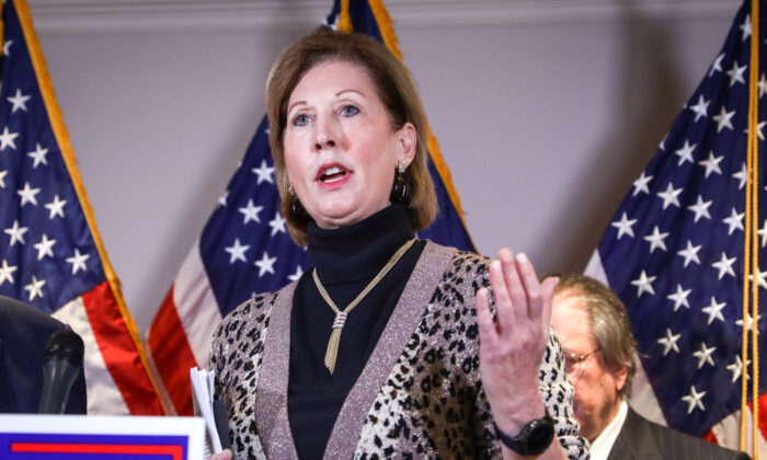 Sidney Powell speaks at a press conference at the Republican National Committee headquarters in Washington on Nov 19, 2020. (Charlotte Cuthbertson/The Epoch Times)