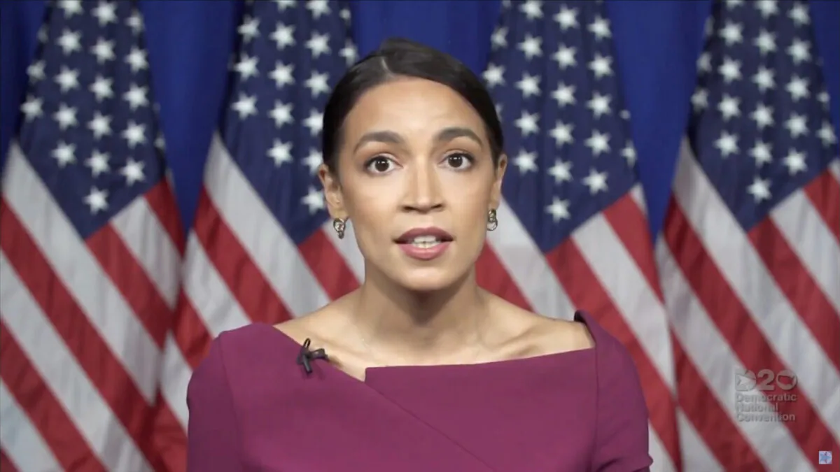In this screenshot from the DNCC’s livestream of the 2020 Democratic National Convention, Rep. Alexandria Ocasio-Cortez (D-N.Y.) addresses the virtual convention on Aug. 18, 2020.  (Handout/DNCC via Getty Images)
