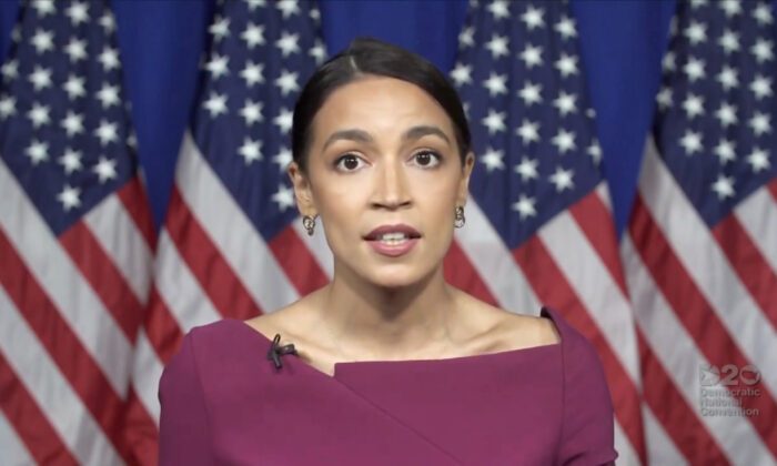 In this screenshot from the DNCC’s livestream of the 2020 Democratic National Convention, Rep. Alexandria Ocasio-Cortez (D-N.Y.) addresses the virtual convention on Aug. 18, 2020.  (Handout/DNCC via Getty Images)