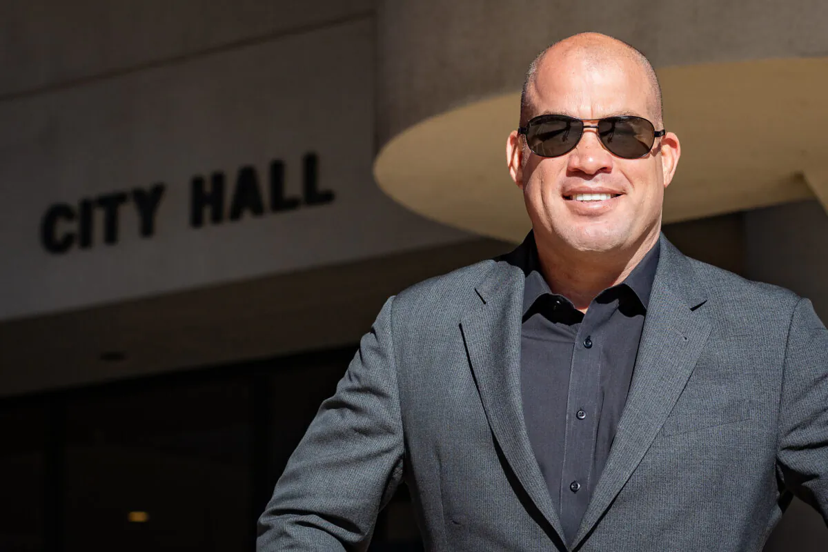 Huntington Beach Mayor Pro Tem Tito Ortiz stands in front of City Hall in Huntington Beach, Calif., on Nov. 13, 2020. (John Fredricks/The Epoch Times)