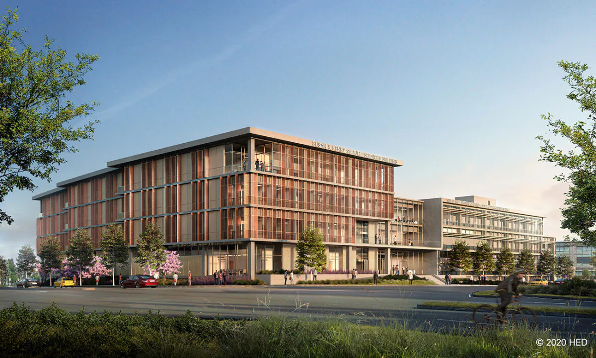 A rendering shows the new University of California–Irvine Health Sciences and Nursing School complex in Irvine, Calif. (Courtesy of HED)