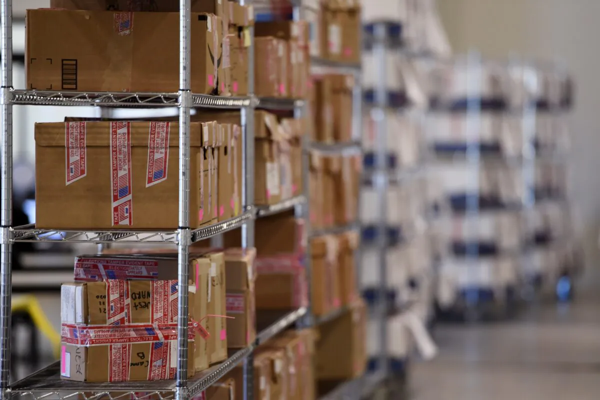 Ballots are stored on portable shelving at a Cobb County Election facility as officials handle ballots during an audit, in Marietta, Ga., on Nov. 16, 2020. (Mike Stewart/AP Photo)