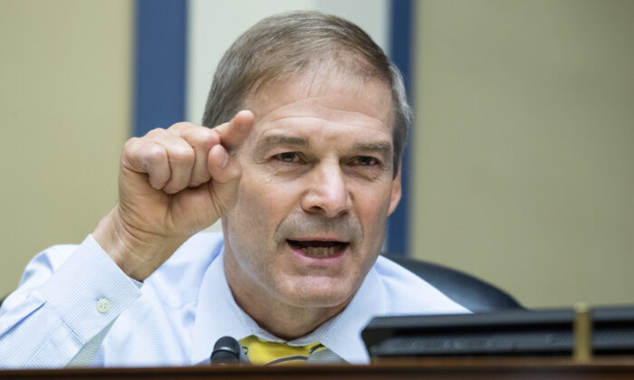 Rep. Jim Jordan (R-Ohio) during a House Oversight and Reform Committee hearing on Capitol Hill, Washington, on Aug. 24, 2020. (Tom Williams/CQ Roll Call/Pool)