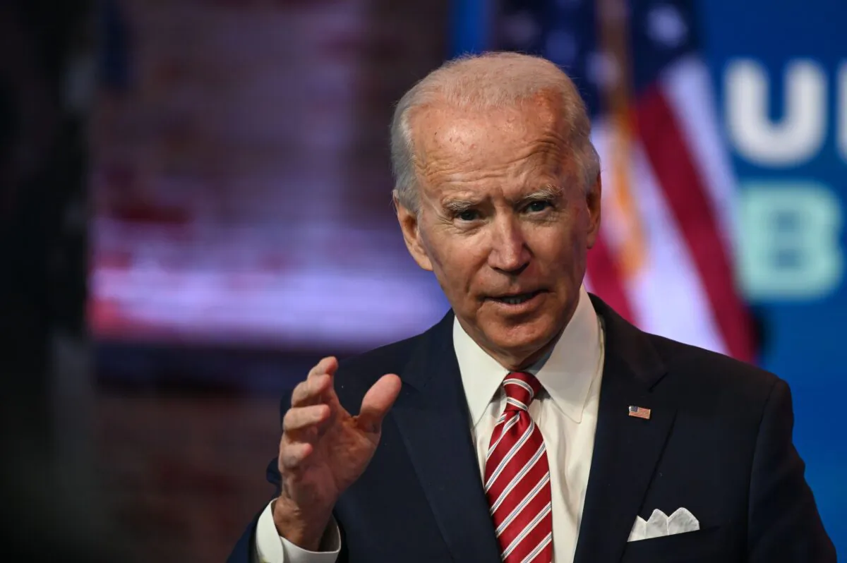 Democratic presidential candidate former Vice President Joe Biden answers questions from the press at The Queen in Wilmington, Del. on Nov. 16, 2020. (Roberto Schmidt/AFP via Getty Images)