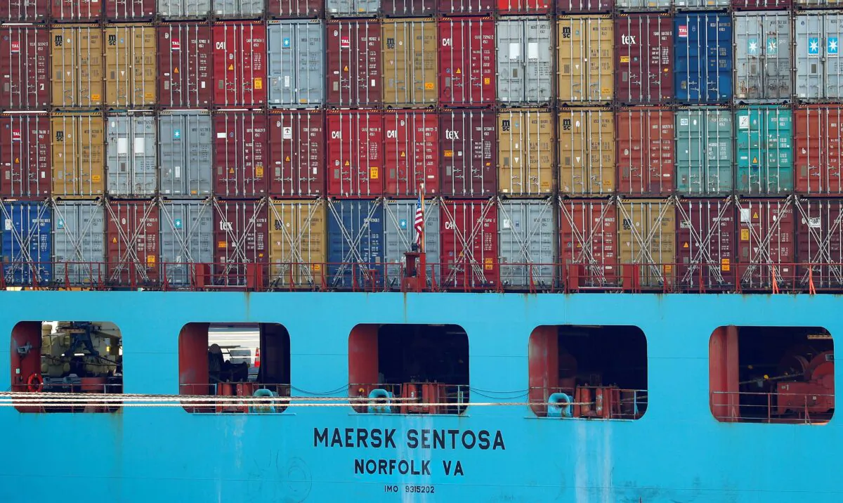 Containers are stacked up on a Maersk Sentosa container ship at the port of Antwerp, Belgium, on July 26, 2018. (Francois Lenoir/Reuters)
