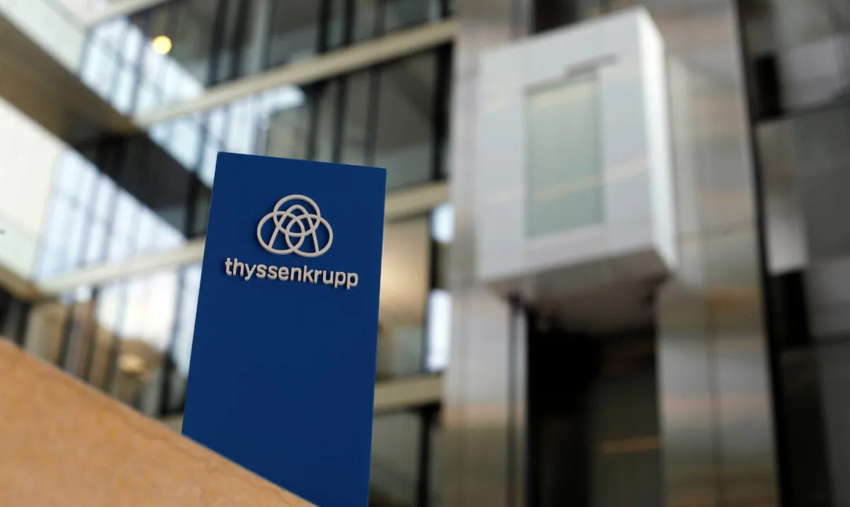 The logo of Thyssenkrupp is seen near elevators in its headquarters in Essen, Germany, Nov. 21, 2019. (Leon Kuegeler/Reuters)
