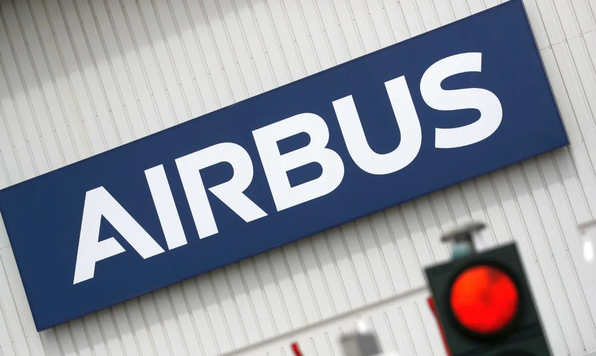 The logo of Airbus is pictured at the entrance of the Airbus facility in Bouguenais, near Nantes, France, on July 2, 2020. (Stephane Mahe/Reuters)