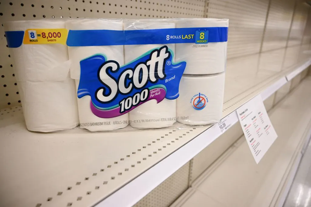 A package of toilet paper sits on an otherwise empty shelf in the paper products aisle of a store in Burbank, Calif., on Nov. 19, 2020. (Robyn Beck/AFP via Getty Images)