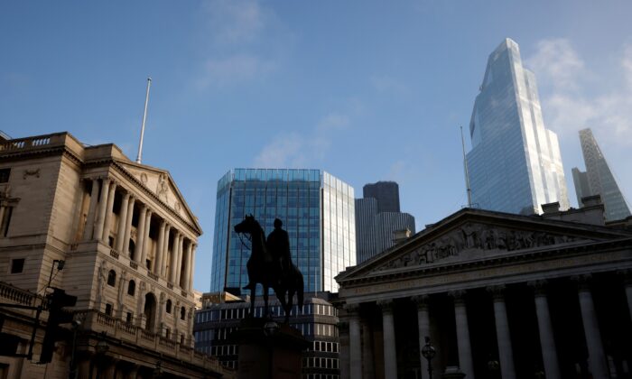 The Bank of England and the City of London financial district in London, on Nov. 5, 2020. (John Sibley/Reuters)