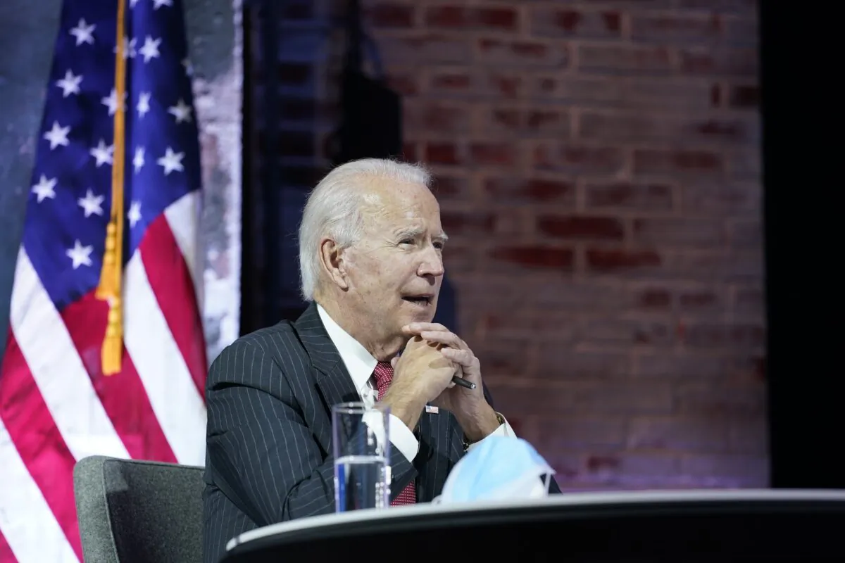 Democratic presidential nominee Joe Biden participates in a virtual meeting with governors at The Queen theater in Wilmington, Del., on Nov. 19, 2020. (Andrew Harnik/AP Photo)