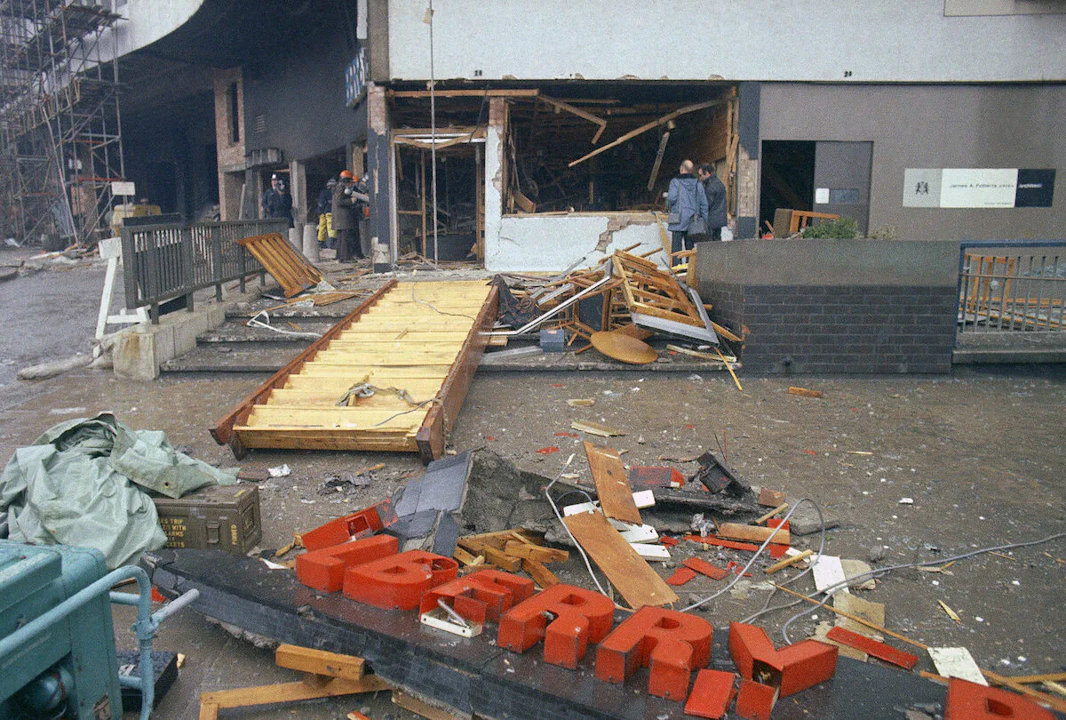 The scene outside the Mulberry Bush public house in the centre of Birmingham, England, after a terrorist bomb exploded in November 1974. (AP Photo)