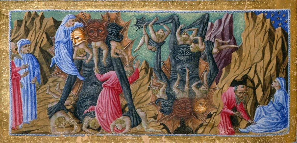 Detail of a miniature of Dante and Virgil witnessing Satan, with his three mouths, devouring Cassius, Judas (center), and Brutus, who betrayed their masters, in an illustration of Canto 34 of the "Inferno." Priamo della Quercia, between 1444 and circa 1450. British Library Catalogue of Iluminated Manuscripts. (Public Domain)